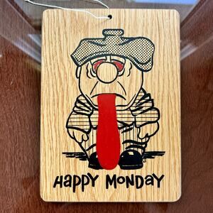 Vintage “Happy Monday” Sick Cartoon Wall Plaque – Woodgrain Style Humor Sign